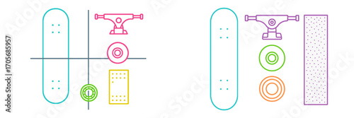 Skateboard components set with deck, trucks, wheels, bearings, and grip tape in colorful outline style