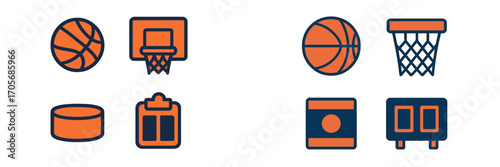 Set of diverse sports game icons featuring basketballs, hoops, hockey puck, clipboard, and scoreboards in a modern style
