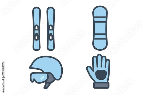 Collection of essential winter sports equipment including skis, snowboard, protective helmet, and warm glove