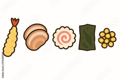 Assortment of traditional Japanese cuisine ingredients including tempura shrimp, fish cake, nori seaweed, and fish roe