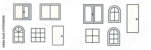 Set of diverse window and door icons, featuring various styles like casement, sliding, arched, and panel designs for building plans
