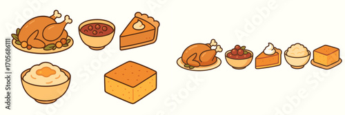 Classic holiday dinner spread featuring roasted turkey, sweet cranberry sauce, pumpkin pie, creamy mashed potatoes, and golden cornbread