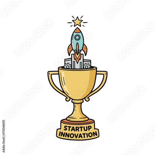 A golden trophy celebrates startup innovation, symbolized by a rocket launching from within, signifying success and growth.