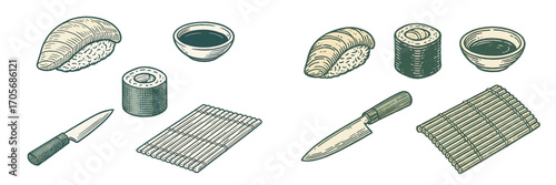 Traditional Japanese sushi ingredients and cooking tools set with nigiri, maki, soy sauce, knife, and bamboo mat