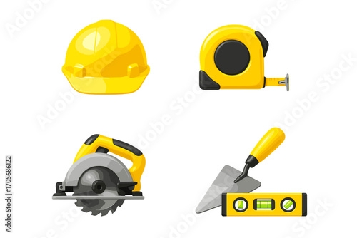 Essential construction tools including safety hard hat, measuring tape, circular saw, masonry trowel, and spirit level