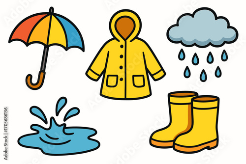 Bright yellow raincoat, colorful umbrella, rain boots, cloud with raindrops, and splashing puddle for a rainy day