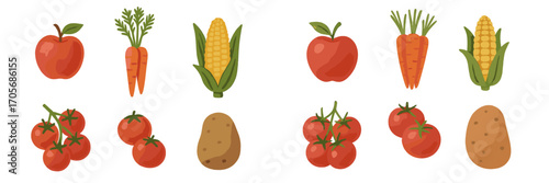 Bright and colorful assortment of healthy farm fresh produce including apples, carrots, corn, tomatoes, and potatoes on a clean white backdrop
