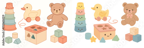 Collection of cute baby toys including stacking cups, teddy bears, pull-along duck, shape sorter, and building blocks