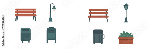 Outdoor public park and street elements including benches, lampposts, trash cans, and potted plants