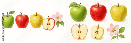 Assortment of fresh whole and sliced apples in red, green, and yellow with delicate pink apple blossom