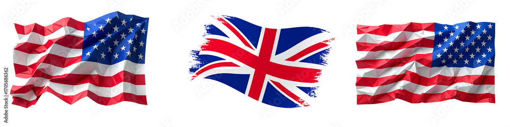 Obraz premium American and union jack flags waving together isolated on transparent background