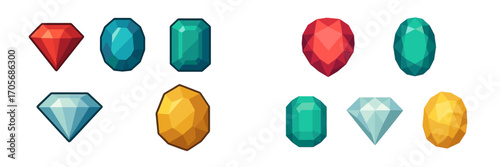 Vibrant faceted gemstones and precious jewels in diverse shapes and cuts, ideal for creative design projects
