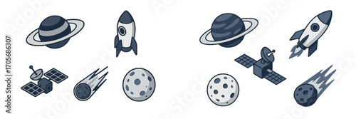 Space objects featuring planets, rockets, satellites, and celestial bodies for astronomy and exploration
