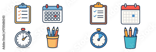 Essential productivity and time management tools including calendar, checklist, stopwatch, and office supplies