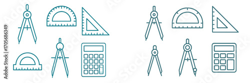 Collection of essential mathematical and drafting tools including compasses, protractors, rulers, and calculators for education and engineering
