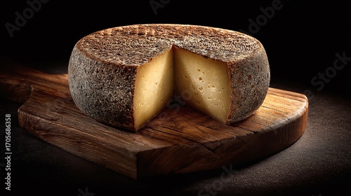 Wheel of Cheese: rustic, aged cheese on a wooden board, showcasing a wedge cut, highlighting its texture and color, inviting tasting, culinary delight.