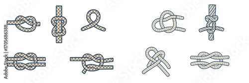 Comprehensive set of essential rope knots for maritime activities, sailing, boating, climbing, and secure fastening applications