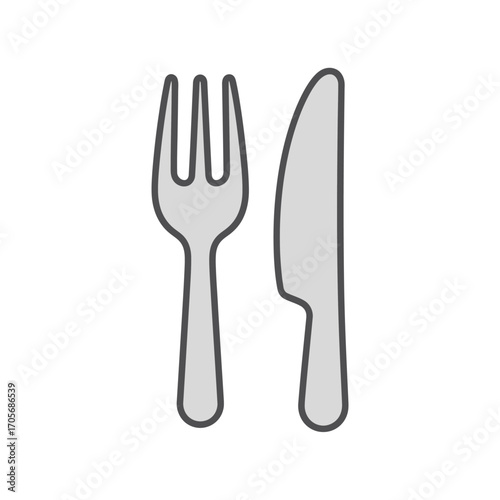 Simple illustration of a fork and knife dining cutlery set.