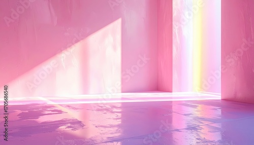 A light-filled, pastel pink room with a vibrant rainbow effect, showcasing a modern, minimalist aesthetic.