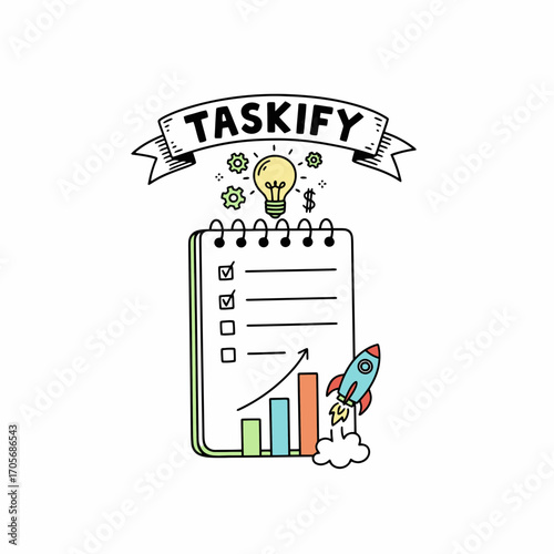 A notebook with a checklist, rising bar graph, and a rocket launching, representing task management.