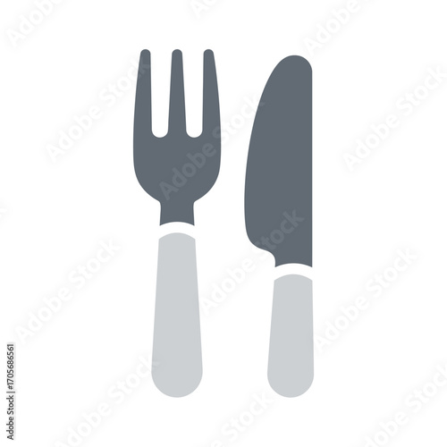 Simple illustration of a fork and knife for dining.