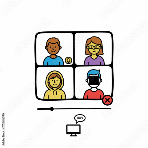 Illustration depicts a video conference call with four diverse participants, some muted.