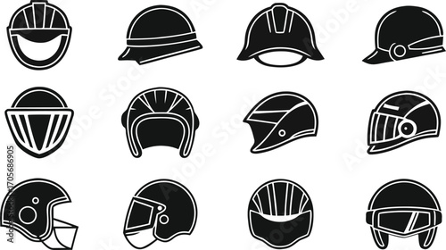 Set of racing and sports helmets with caps on a white background.