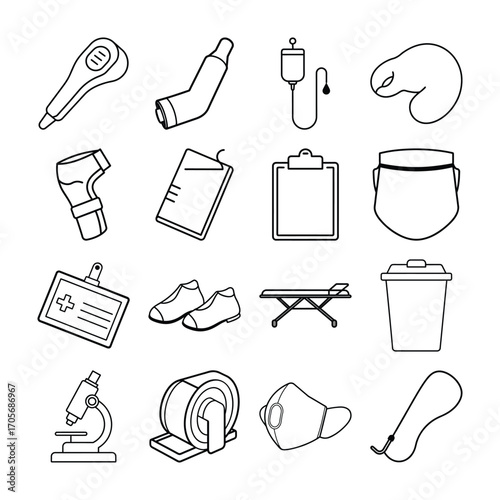 Medical equipment and supplies line art icons on white background healthcare