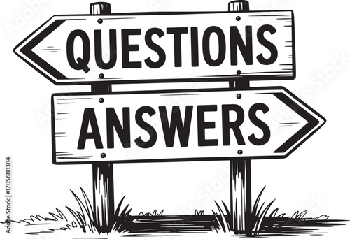 Hand Drawn Wooden Signpost with Questions and Answers Arrows Keywords: questions, answers, signpost