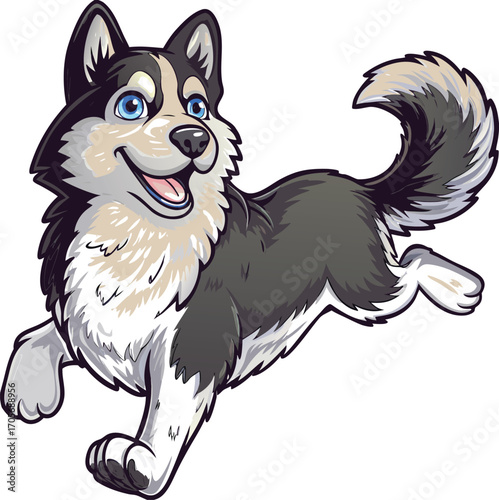 Cartoon husky dog running with blue eyes and fluffy tail