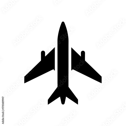 Simple black airplane icon on white ground on transparent background