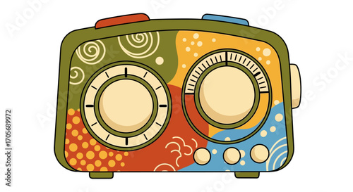 Whimsical cartoon vintage radio with colorful abstract patterns.