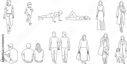 Black and white line art of diverse human poses and activities, walking, sitting, shopping, and interacting for lifestyle illustration use