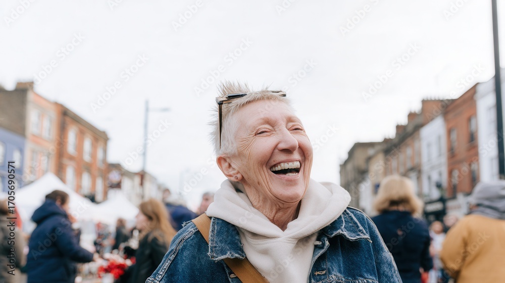 Fototapeta premium A joyful elderly woman laughing in a bustling outdoor market setting, surrounded by people and colorful stalls, conveying a sense of community and happiness.