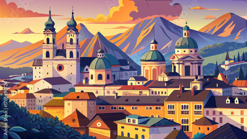 Baroque facades frame Salzburg’s historic center, Austria, where pastel churches and spired rooftops rise against a mountain backdrop touched by golden evening light.