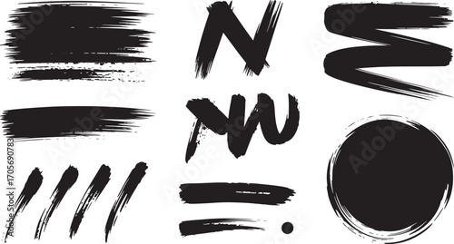 Black ink brush strokes and shapes on white background paint splatter
