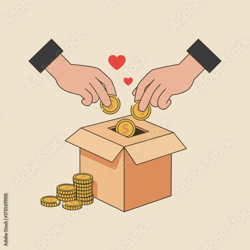 Donation box with hands putting money inside. Charity and financial support concept.