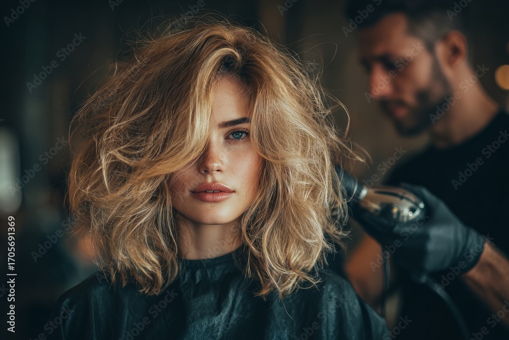 Fototapeta premium Hairdresser using hair dryer, styling blonde woman's hair in beauty salon