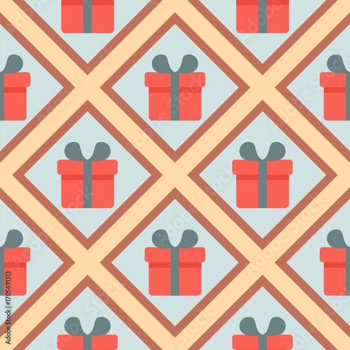 Seamless pattern of charming, vibrant gift boxes, perfect for conveying a sense of joy, celebration, and festive spirit.