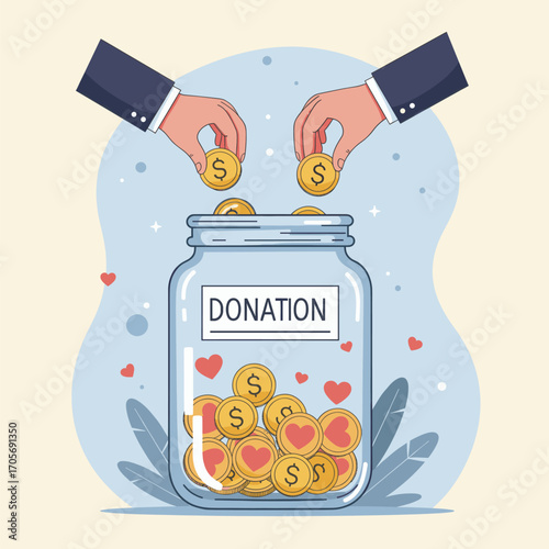 Hands putting coins into a donation jar filled with money and hearts, vector illustration.