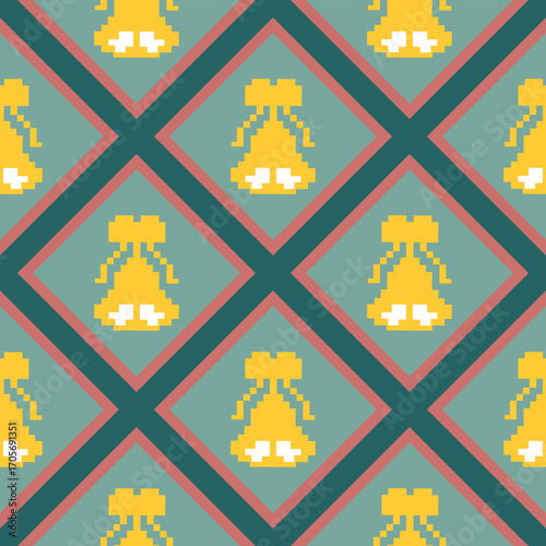 A Seamless Pattern of yellow bells, a decorative design for various projects. This repeating pattern features yellow bells on a teal background with red and teal diagonal lines