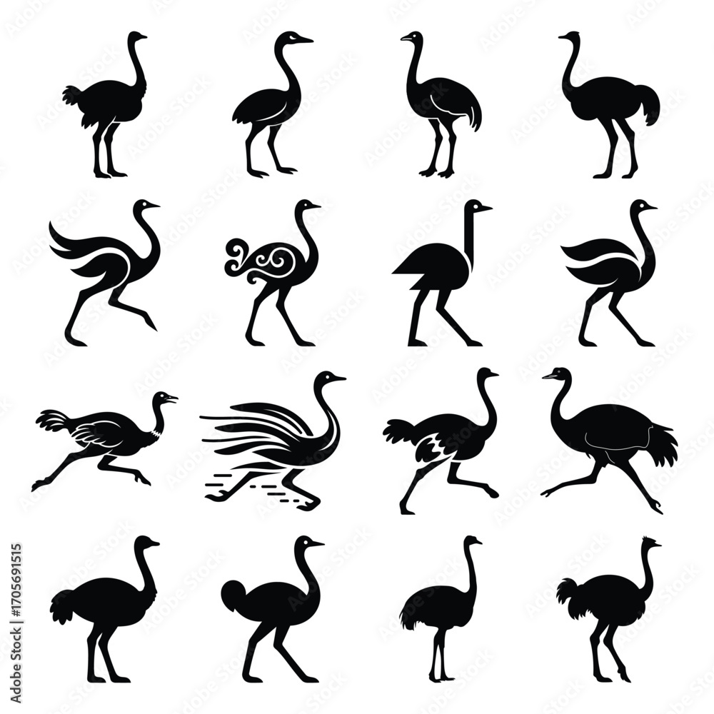 Obraz premium Ostrich Silhouette Vector Icon Set, Black Flightless Bird Illustrations