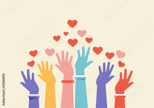 Colorful hands raised up with hearts. Concept of love, charity, and giving.