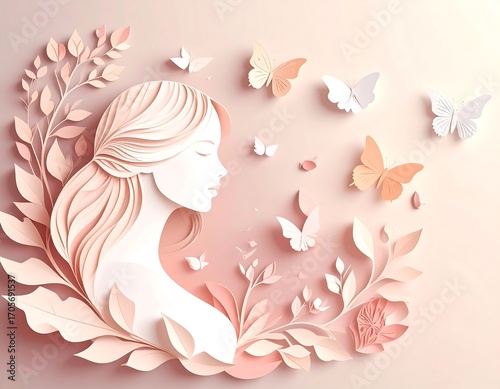 Elegant woman, delicate floral, paper art design