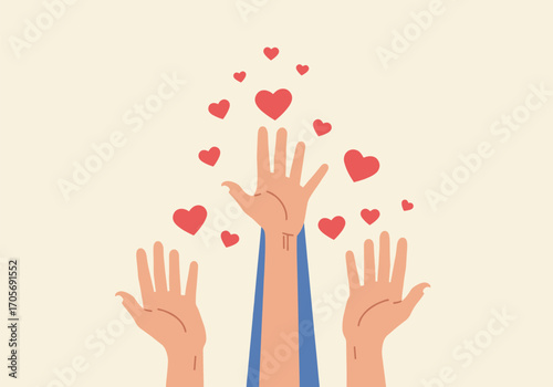 Hands reaching for hearts. Symbol of love, charity, giving, donation, and support. Vector illustration.