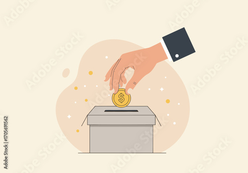 Hand putting coin in donation box. Concept of charity, investment and financial support.
