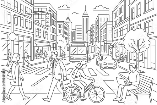 Urban City Life Illustration – Line Art Street Scene