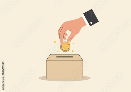Hand puts coin into donation box. Giving money for charity, investment, and financial support concept.