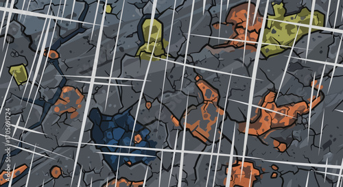 Abstract graphic illustration of heavy rain over a colorful cracked ground.