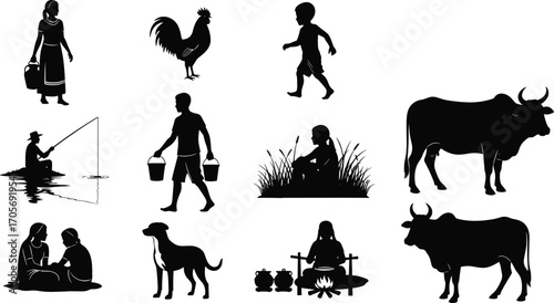 Black silhouette illustrations of rural village life, people, animals, and daily activities in minimal style for cultural and lifestyle design